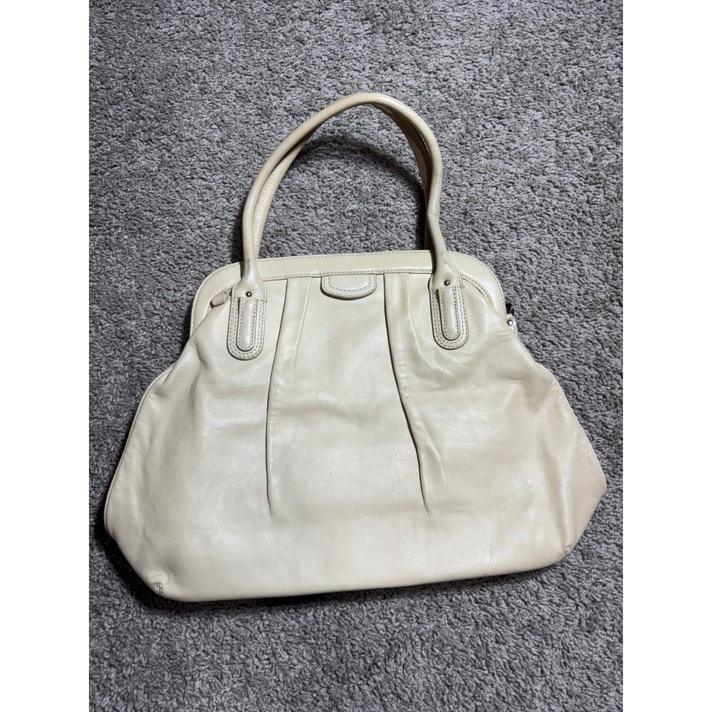 Banana Republic Cream Leather Satchel Handbag Monogram Lining Pleated Purse